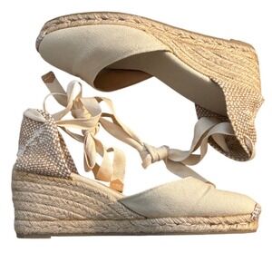 Castaner Carina Cream Canvas Espadrille Wedge Sandals Ankle Tie Size 38 / 7.5